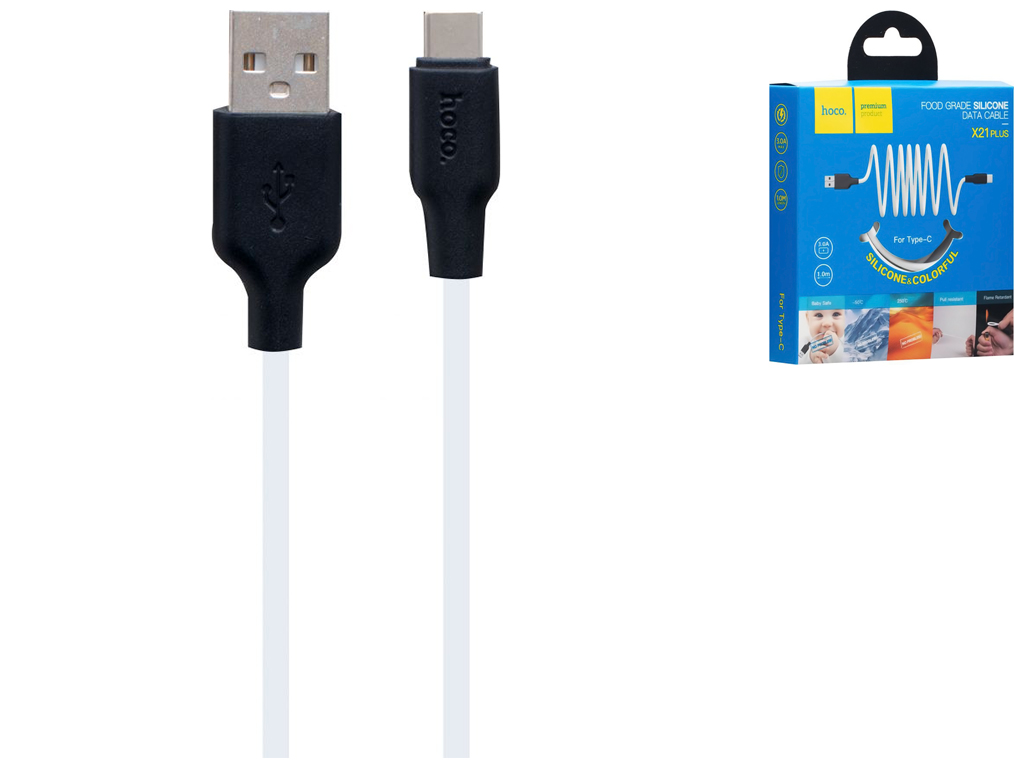 Кабель USB Hoco X21 Plus Silicone Type-C, Чёрно-Белый