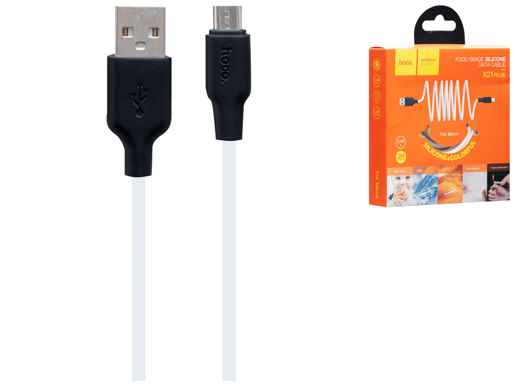 Кабель USB Hoco X21 Plus Silicone Micro 2m, Чёрно-Белый