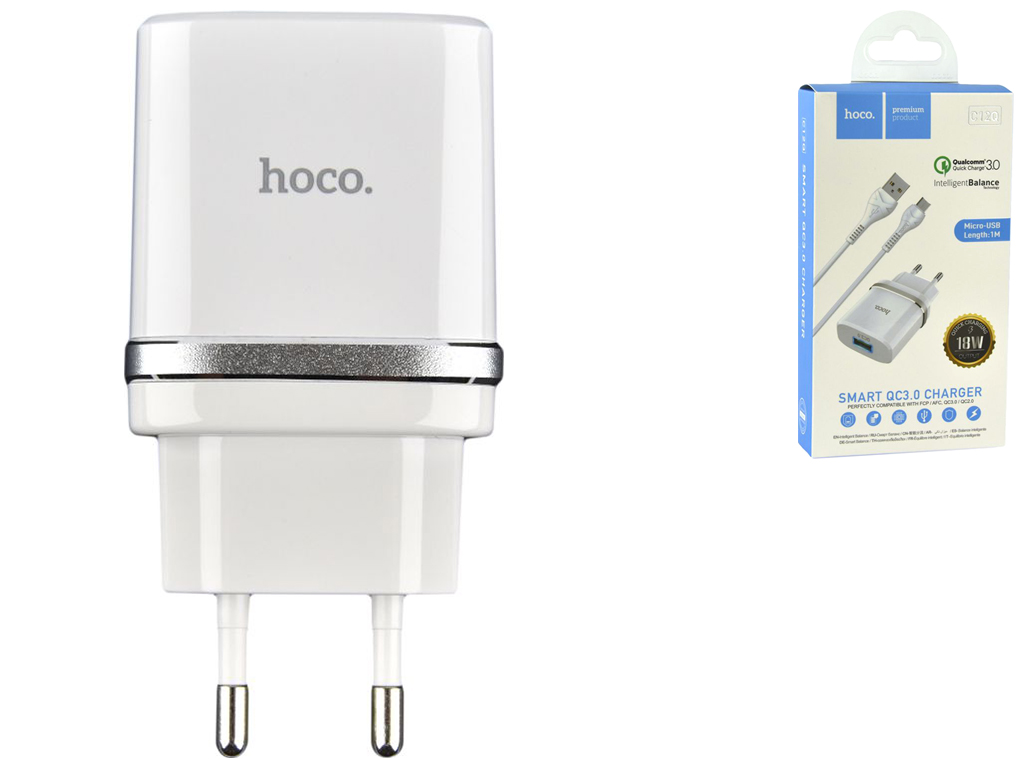 Мережевий Зарядний Пристрій Hoco C12Q QC 3.0 18W Micro Бiлий