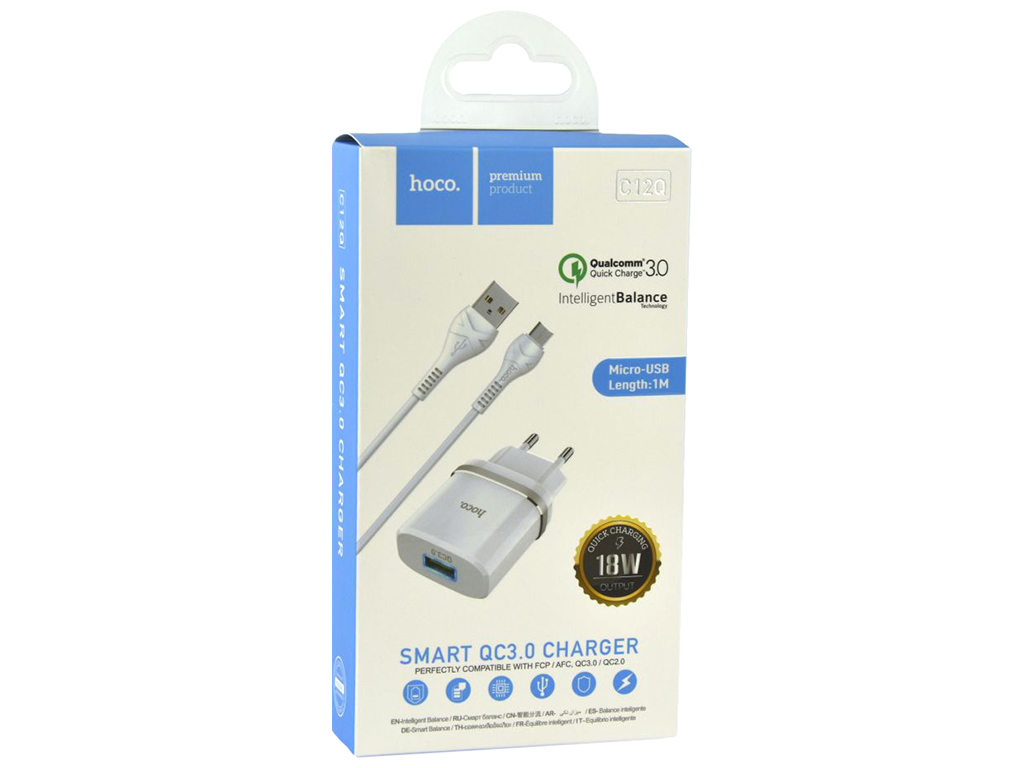 Мережевий Зарядний Пристрій Hoco C12Q QC 3.0 18W Micro Бiлий