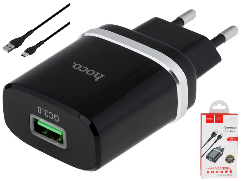 Мережевий Зарядний Пристрій Hoco C12Q QC3.0 18W Type-C Чорний