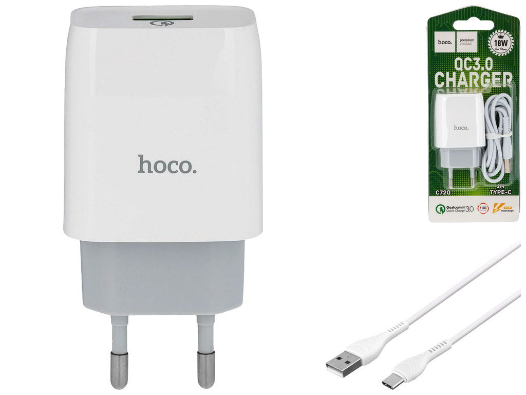 Мережевий Зарядний Пристрій Hoco C72Q Glorious QC3.0 Type-C, Колір Бiлий