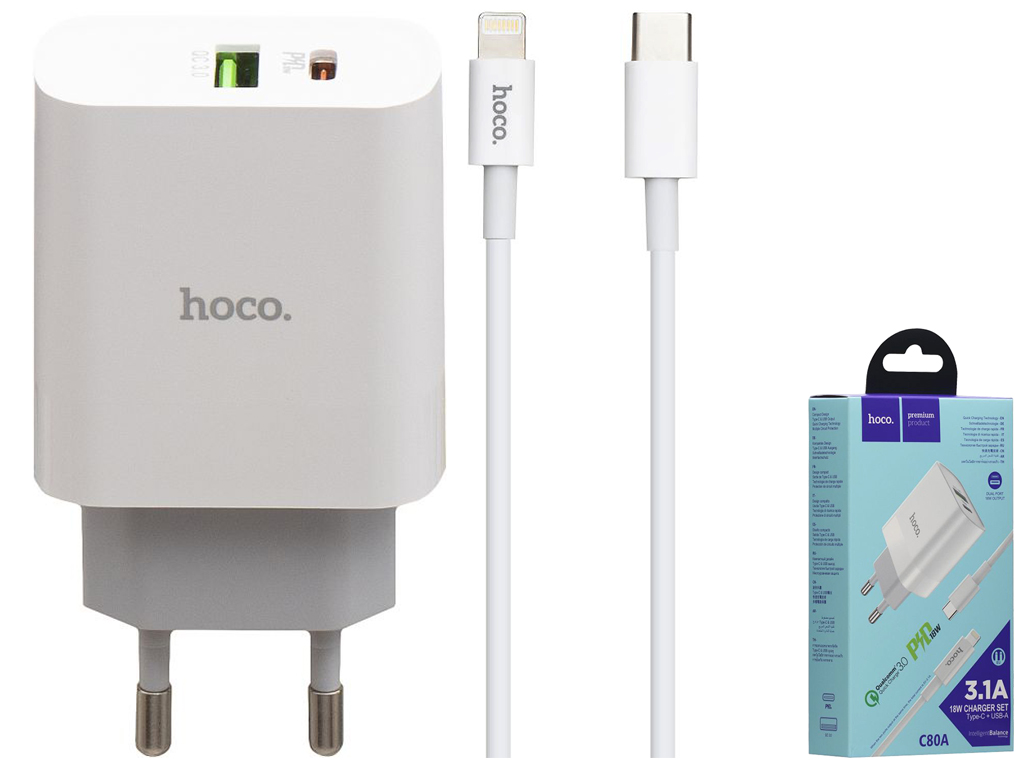 Мережевий Зарядний Пристрій Hoco C80A PD 20W + QC3.0 Type-C to Lightning Колір Бiлий