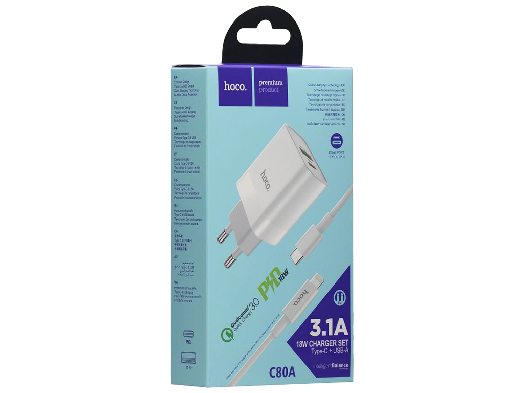 Мережевий Зарядний Пристрій Hoco C80A PD 20W + QC3.0 Type-C to Lightning Колір Бiлий