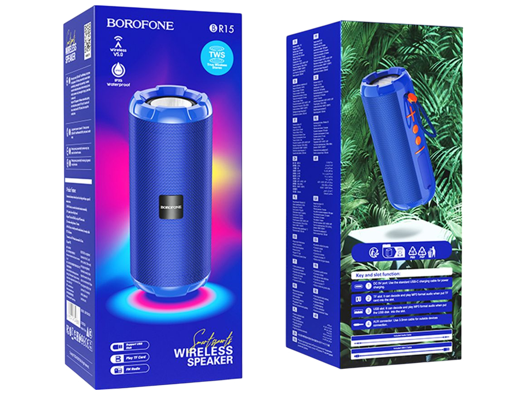 Портативная колонка Borofone BR15, Bluetooth 5.0, 1200 мАч, защита IPX5, 162×70×70мм, цвет синий