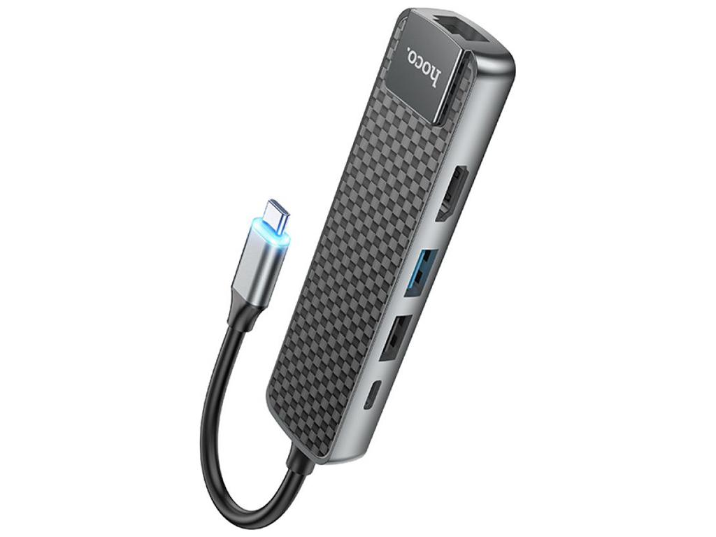 Хаб USB Hoco HB23 Type-C to (HDTV+USB3.0+USB2.0+RJ45+PD) Цвет Серый