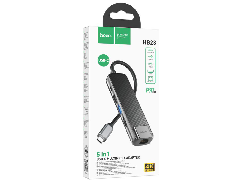 Хаб USB Hoco HB23 Type-C to (HDTV+USB3.0+USB2.0+RJ45+PD) Цвет Серый