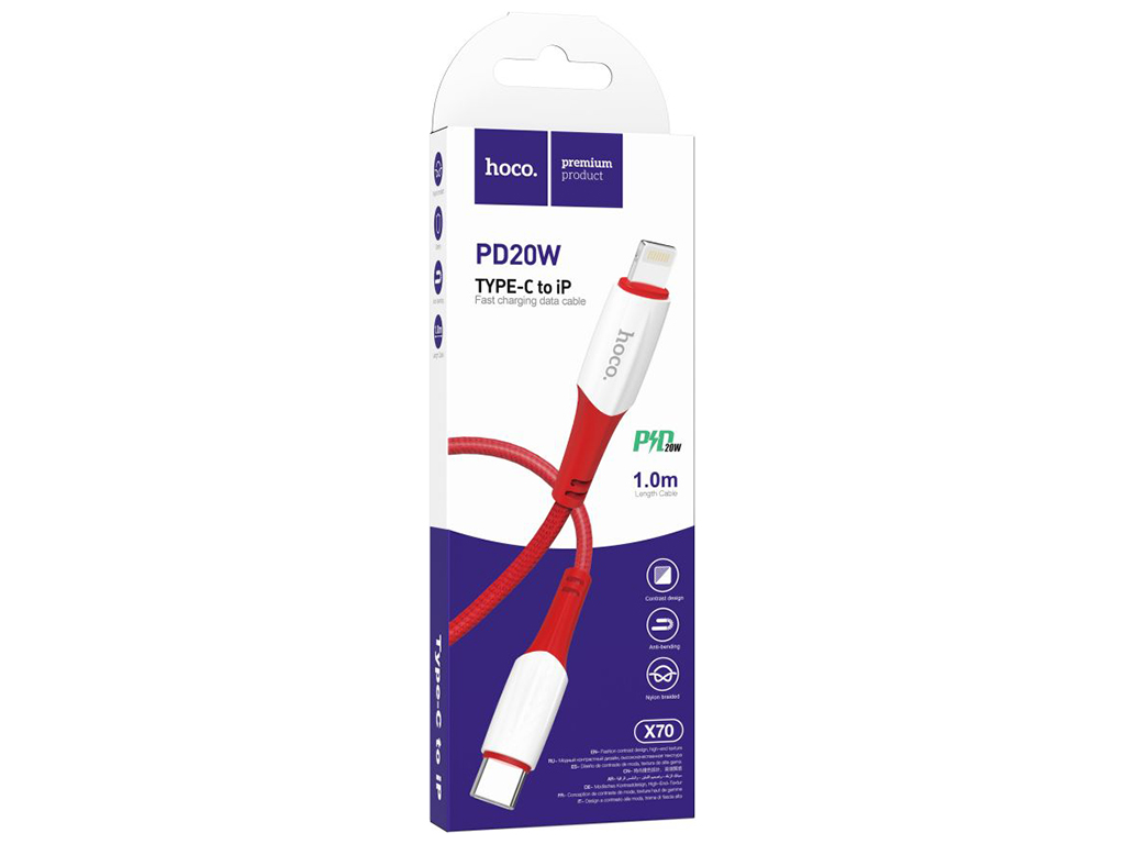 Кабель USB Hoco X70 Ferry PD20W Type C to Lightning, Красный