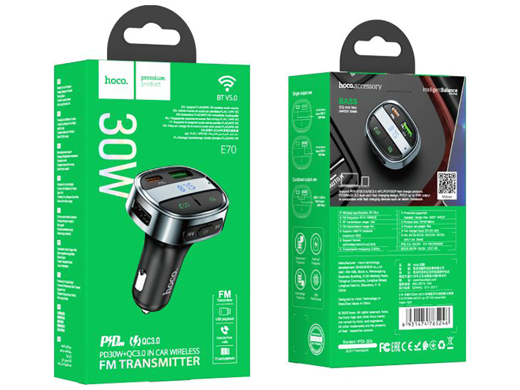 Модулятор Hoco E70 PD30W+QC3.0 car BT FM transmitter Колір Чорний