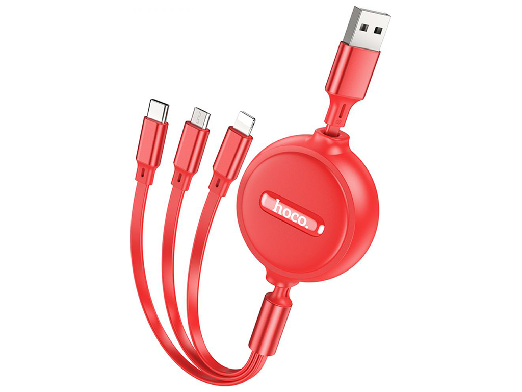 Кабель USB Hoco X75 Double-pull 3-in-1 IP+Type-C+Micro 2A, Красный