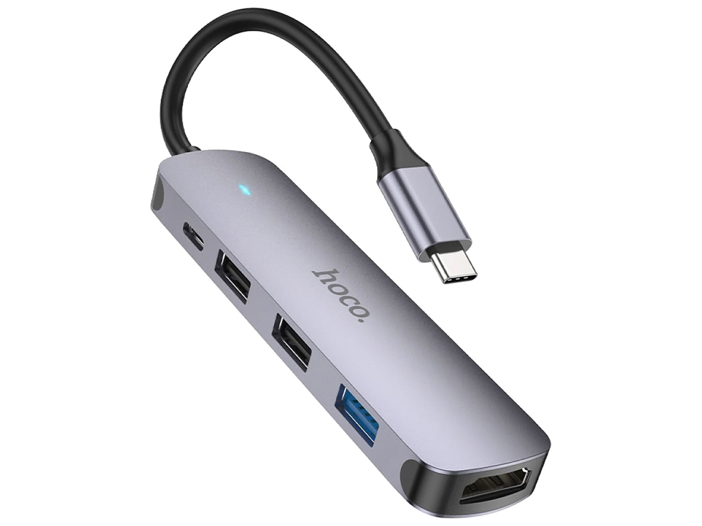 Хаб USB Hoco HB27 Type-C multi-function converter(HDTV+USB3.0+USB2.0*2+PD) Колір Металево-сірий