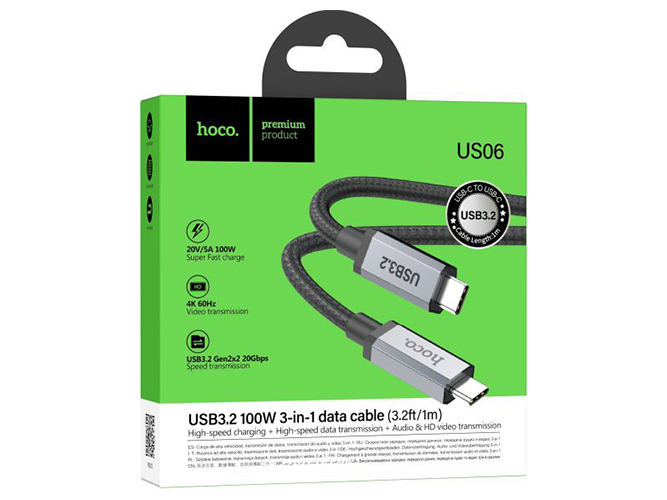 Кабель USB Hoco US06 USB3.2 20Gbps 100W 4K 60Hz Type C to Type C Колір Чорний