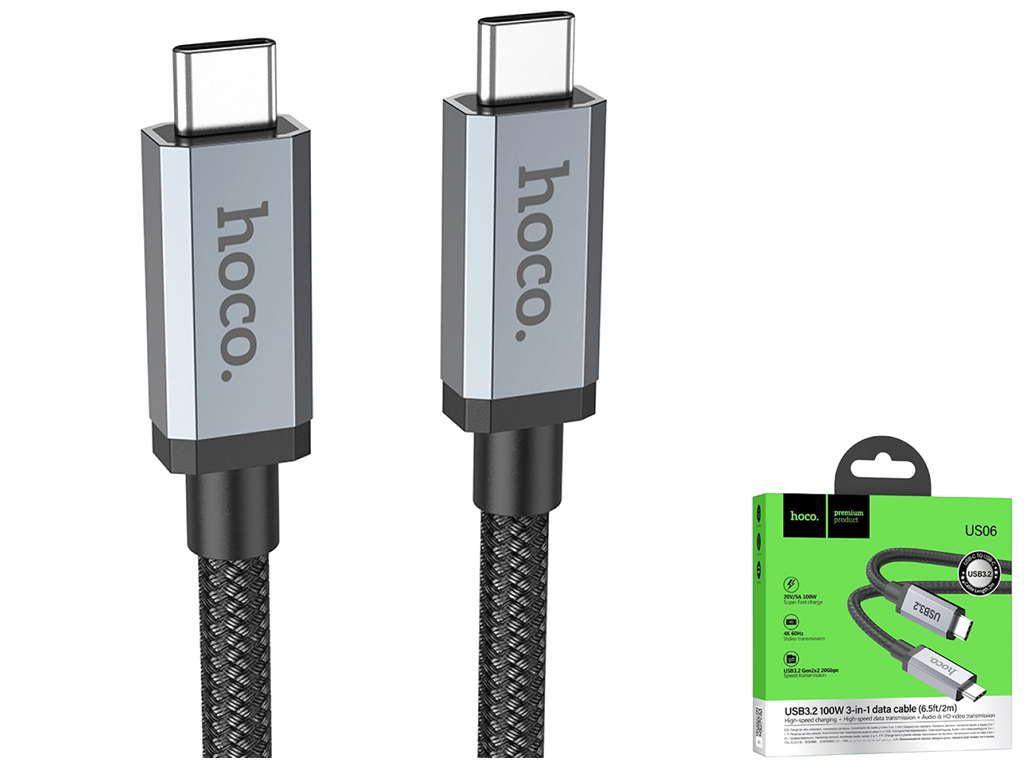 Кабель USB Hoco US06 Кабель USB3.2 20Gbps 100W 4K 60Hz 2m Type C to Type C Цвет Черный