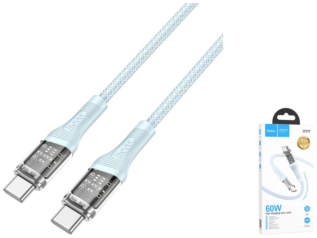 Кабель USB Hoco U111 Transparent Discovery Edition 60W Type-C to Type-C, Голубой