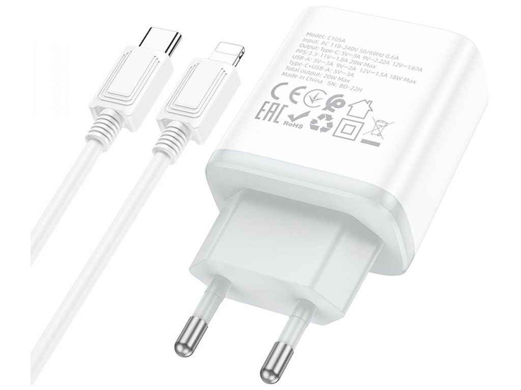 Сетевое зарядное устройство Hoco C105A Stage dual port PD20W+QC3.0 Type-C to Lightning Цвет Белый