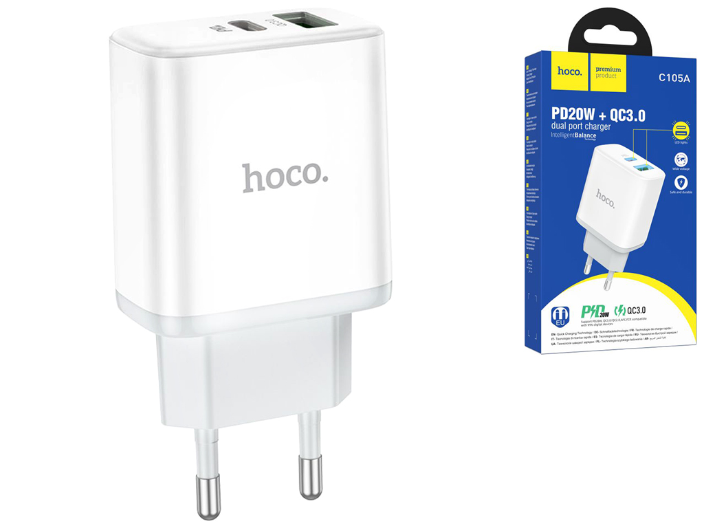 Мережевий Зарядний Пристрій Hoco C105A Stage dual port PD20W+QC3.0, Колір Бiлий