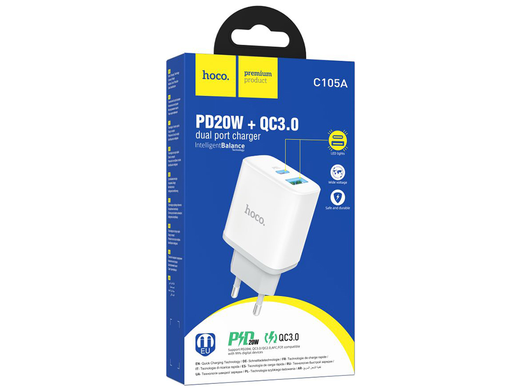 Мережевий Зарядний Пристрій Hoco C105A Stage dual port PD20W+QC3.0, Колір Бiлий