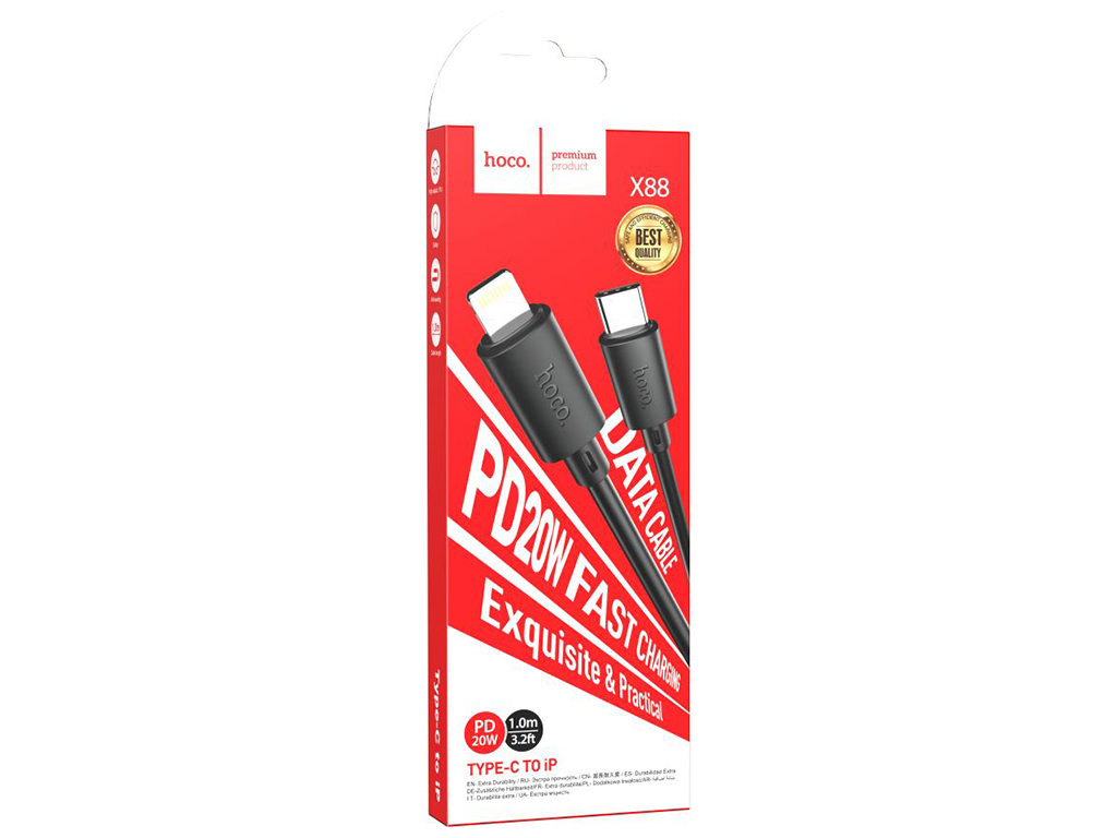 Кабель USB Hoco X88 Gratified PD20W Type-C to Lightning, Чёрный