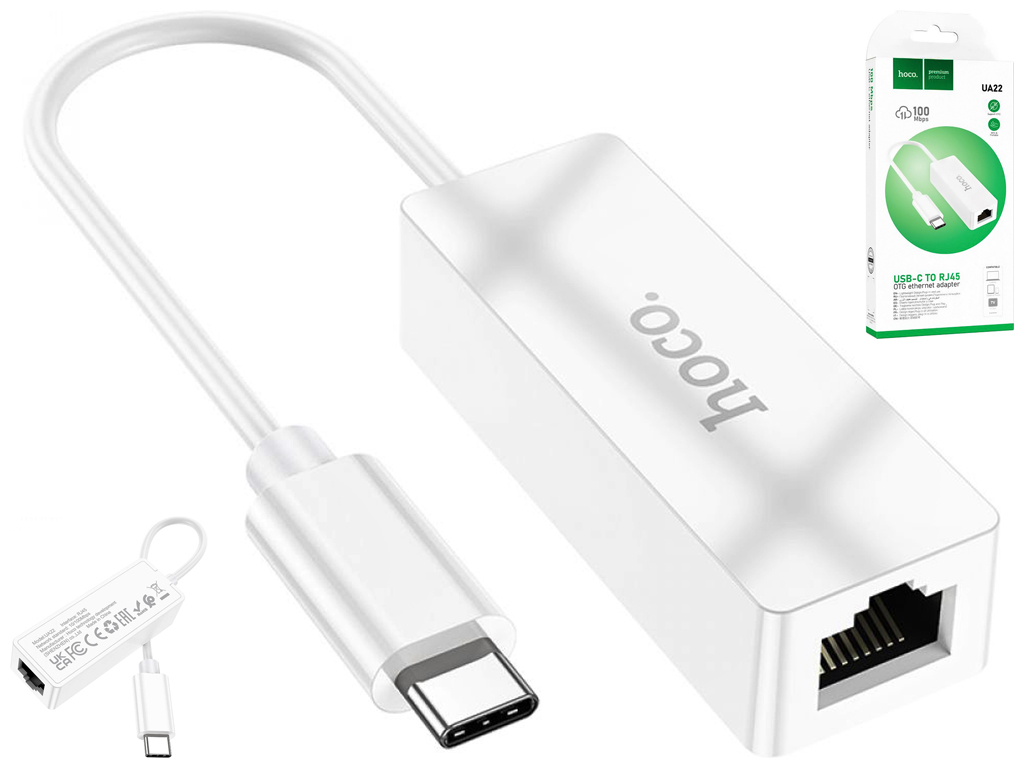 Перехідник Hoco UA22 Type C to Ethernet adapter (100 Mbps), Бiлий