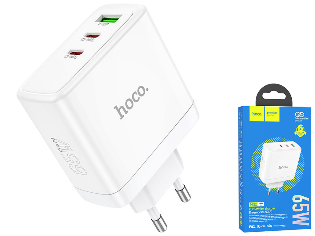 Сетевое Зарядное Устройство Hoco N30 Glory PD/QC 65W Цвет Белый