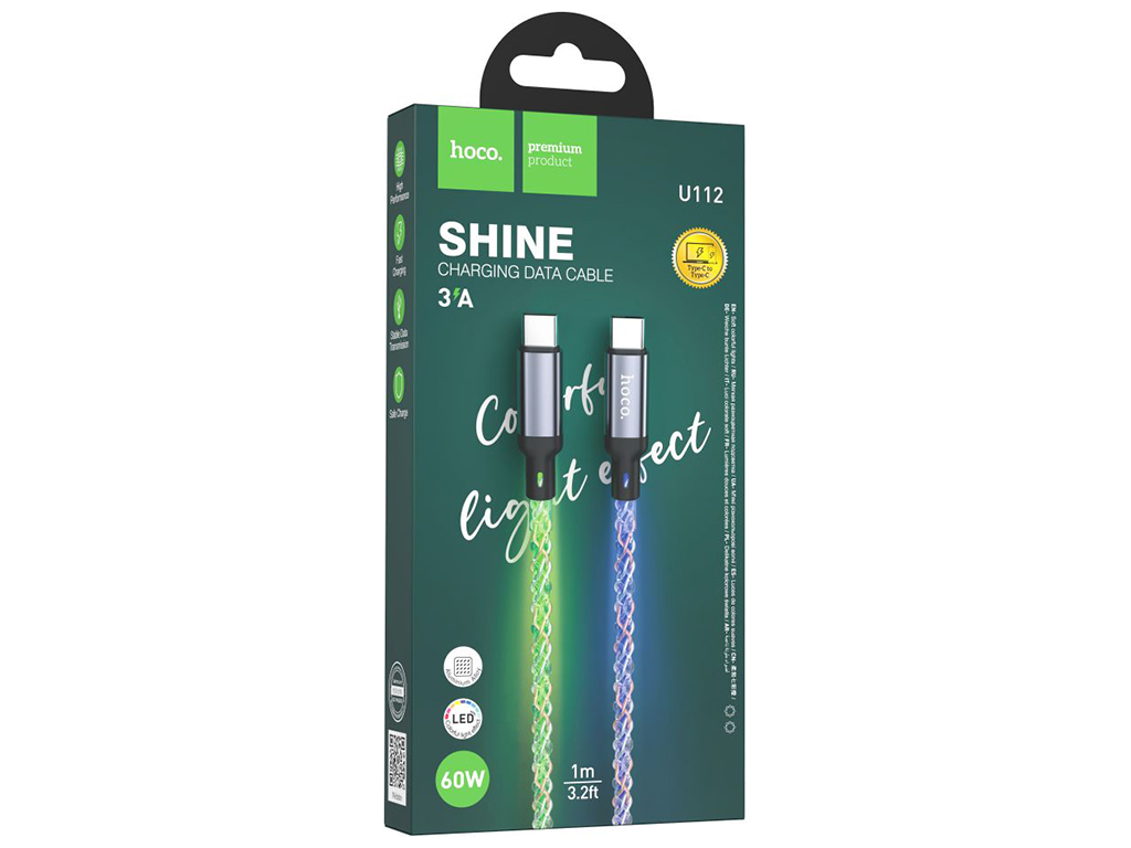 Кабель USB Hoco U112 Shine 60W Type-C to Type-C LED, Серый