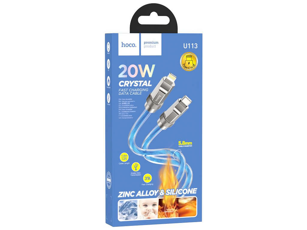Кабель USB Hoco U113 Solid PD20W Silicone Type-C to Lightning, Синий
