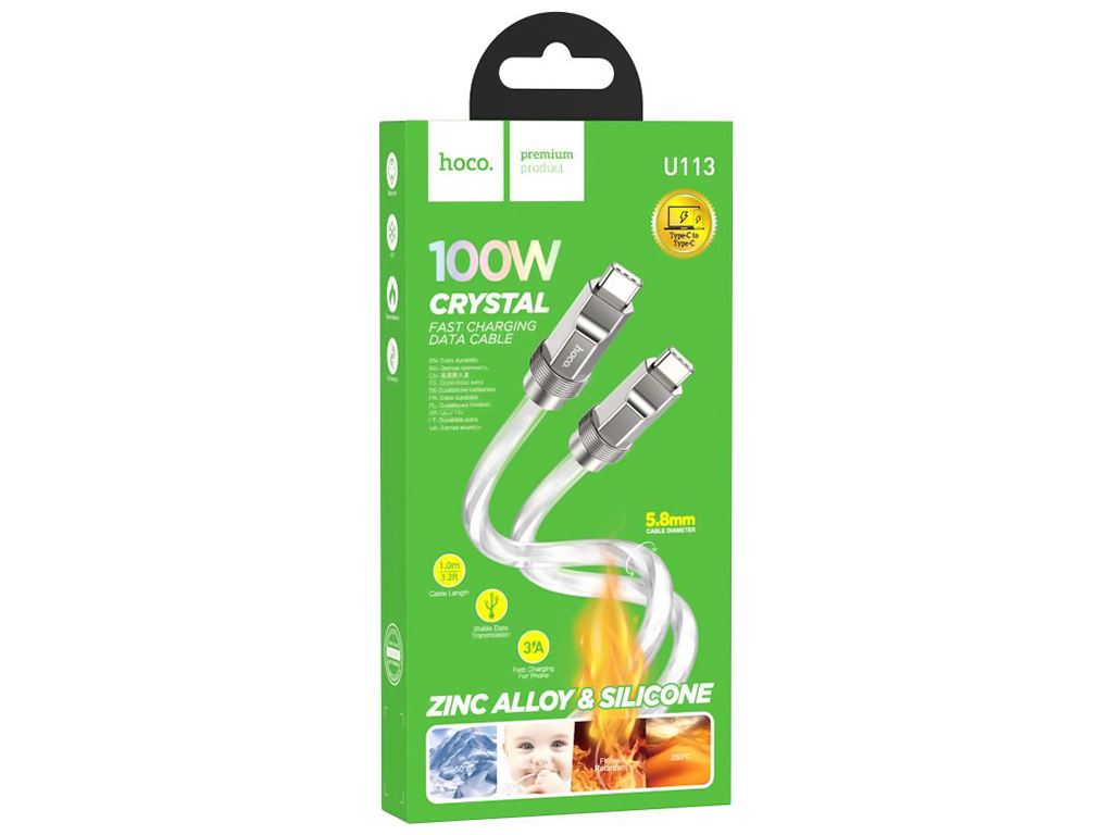 Кабель USB Hoco U113 Solid Silicone 100W Type-C to Type-C, Серебро
