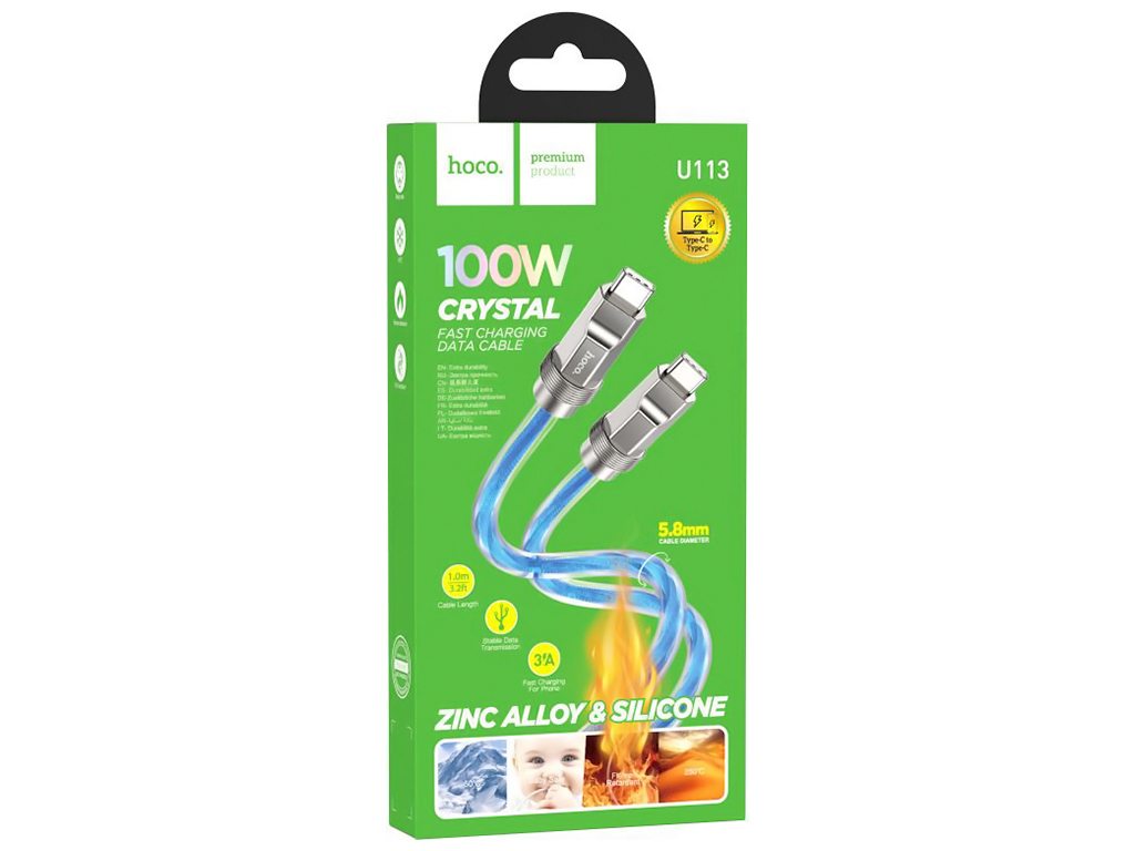 Кабель USB Hoco U113 Solid Silicone 100W Type-C to Type-C, Синий