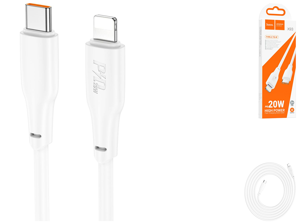Кабель USB Hoco X93 Force PD20W Type-C to Lightning 2м, Колір Бiлий
