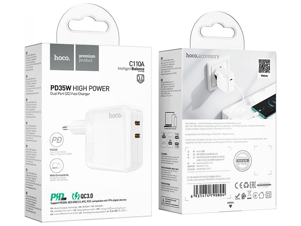 Сетевое Зарядное Устройство Hoco C110A Lucky PD/QC 35W Цвет Белый