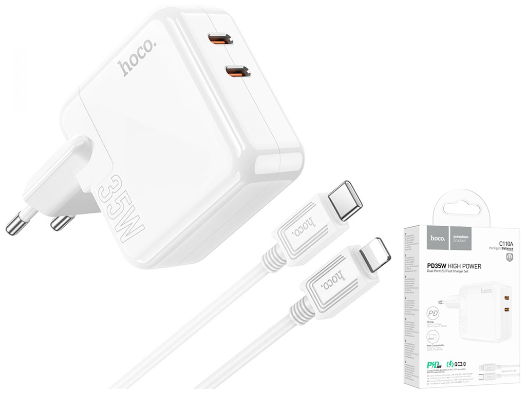 Мережевий Зарядний Пристрій Hoco C110A Lucky PD/QC 35W Type-C to Lightning Бiлий