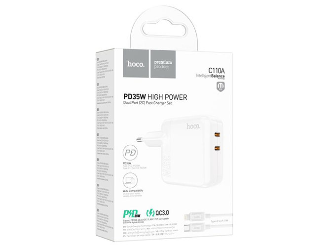 Мережевий Зарядний Пристрій Hoco C110A Lucky PD/QC 35W Type-C to Lightning Бiлий