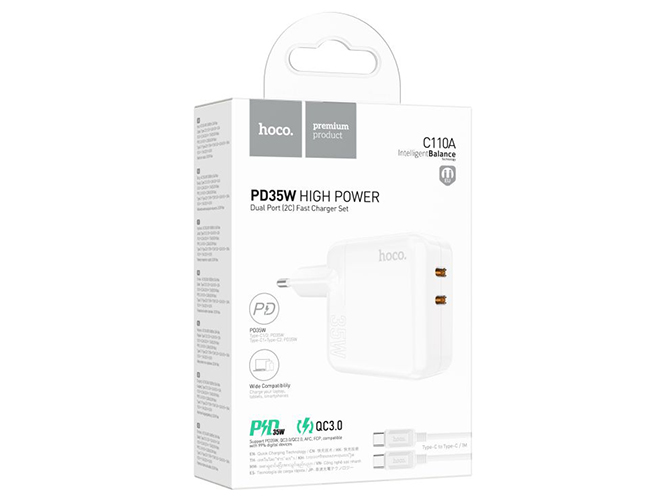 Мережевий Зарядний Пристрій Hoco C110A Lucky PD/QC 35W Type-C to Type-C Бiлий