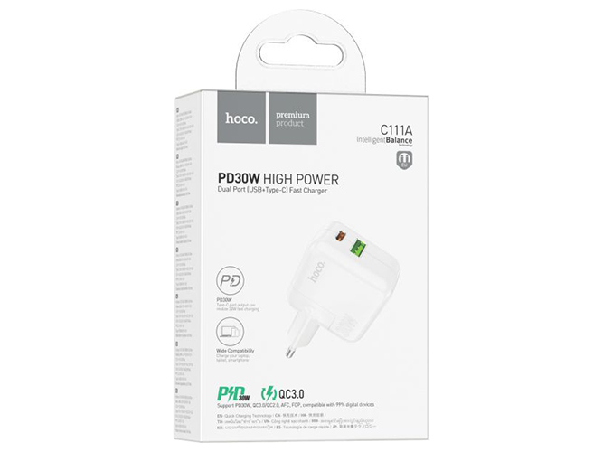Мережевий Зарядний Пристрій Hoco C111A Lucky PD30W+QC3.0 Бiлий