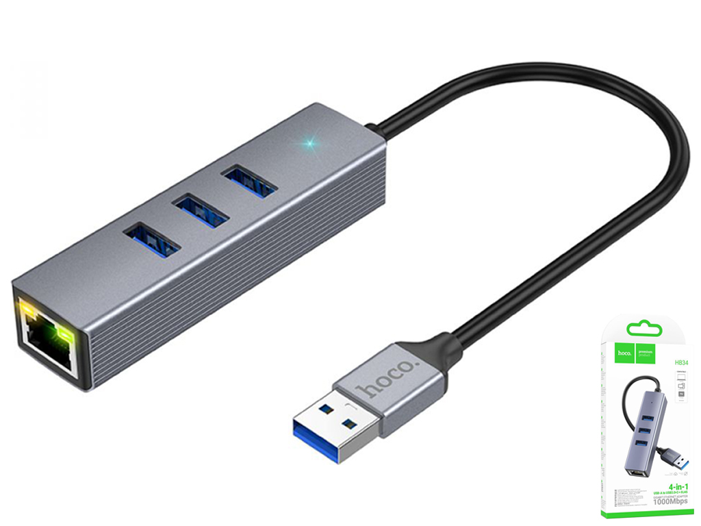 Хаб USB Hoco HB34 Easy link Gigabit Ethernet adapter(USB to USB3.0х3+RJ45) Колір Сiрий