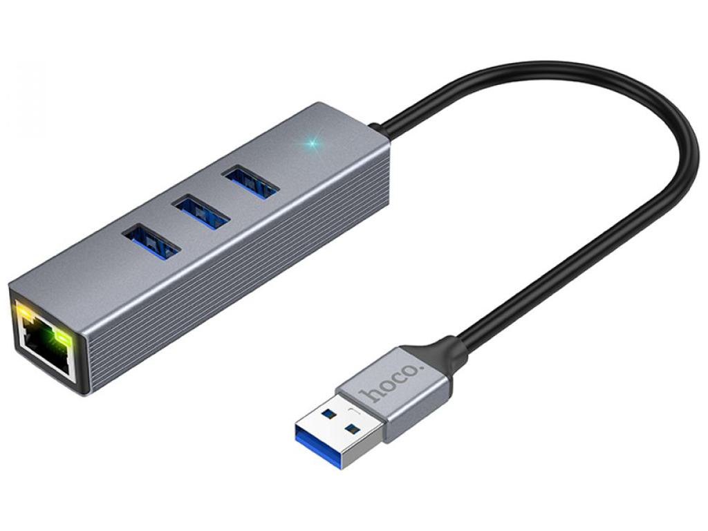 Хаб USB Hoco HB34 Easy link Gigabit Ethernet adapter(USB to USB3.0х3+RJ45) Колір Сiрий