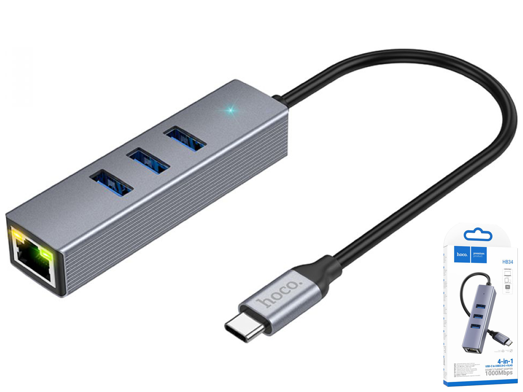 Хаб USB Hoco HB34 Easy link Gigabit Ethernet adapter(Type C to USB3.0х3+RJ45) Цвет Серый