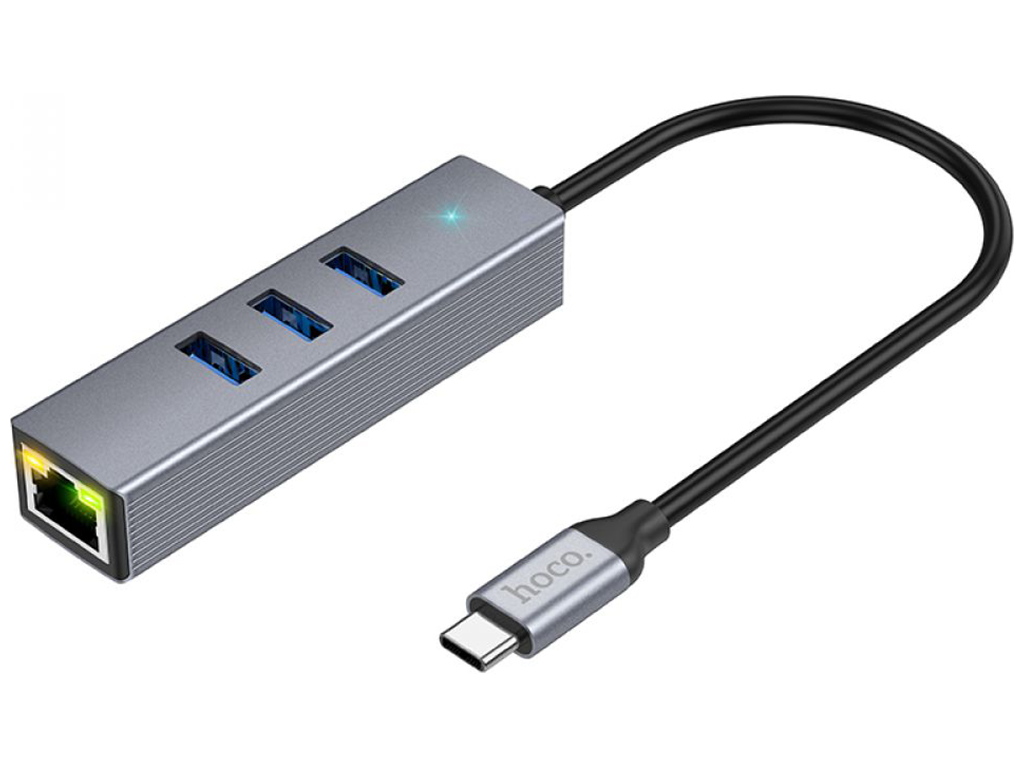 Хаб USB Hoco HB34 Easy link Gigabit Ethernet adapter(Type C to USB3.0х3+RJ45) Цвет Серый
