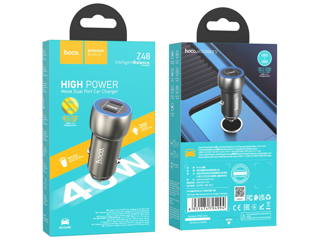 Авто Зарядное Устройство Hoco Z48 Tough 40W dual port(2C) Цвет Металлически-серый