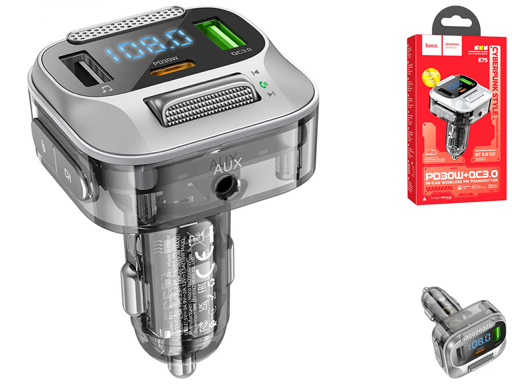 Модулятор Hoco E75 Bravery PD30W+QC3.0 car BT FM transmitter Цвет Черный