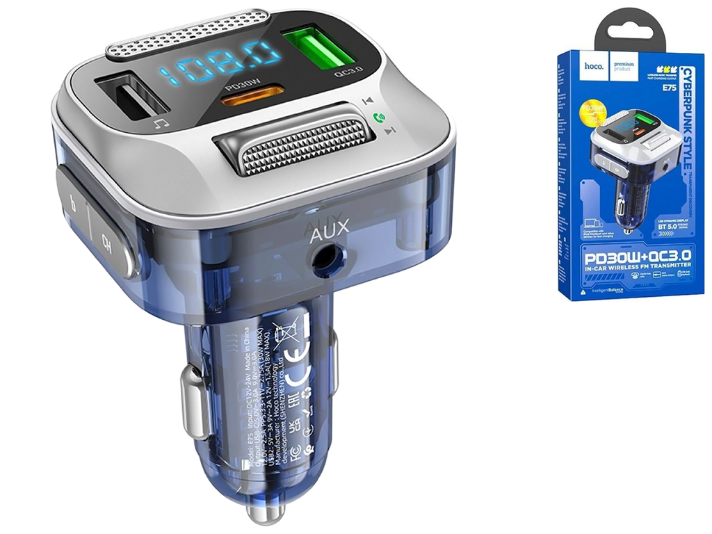 Модулятор Hoco E75 Bravery PD30W+QC3.0 car BT FM transmitter, Синiй
