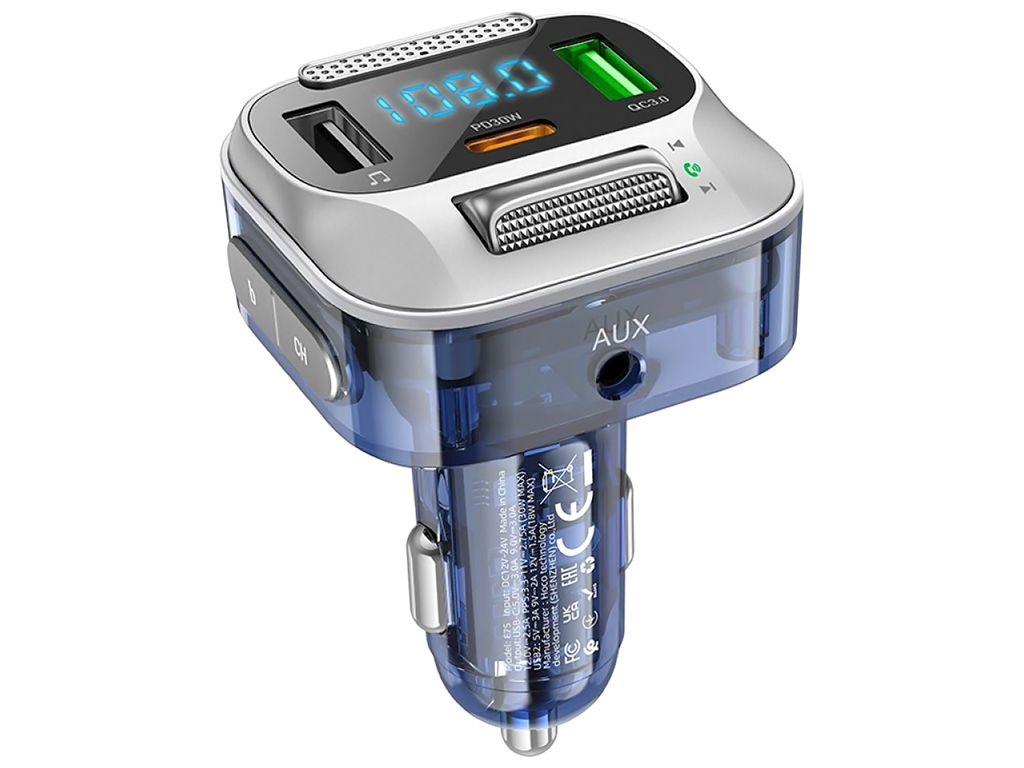 Модулятор Hoco E75 Bravery PD30W+QC3.0 car BT FM transmitter, Синiй