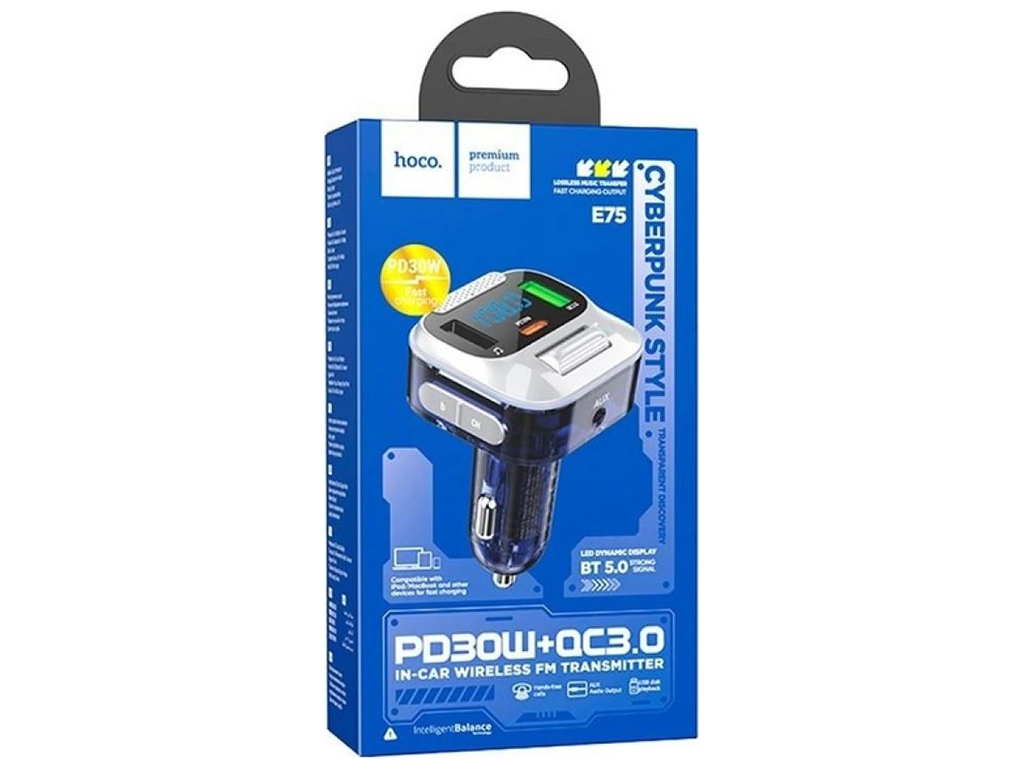 Модулятор Hoco E75 Bravery PD30W+QC3.0 car BT FM transmitter, Синiй