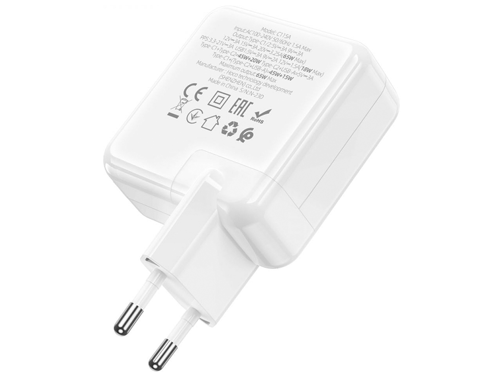 Сетевое Зарядное Устройство Hoco C115A Header PD65W/QC (2C1A) GAN Цвет Белый