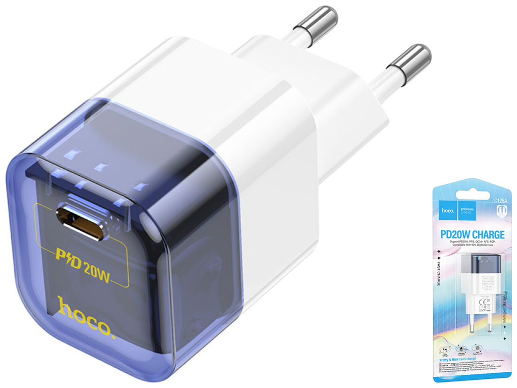 Сетевое зарядное устройство Hoco C125A Transparent PD20W/QC Цвет Прозрачный синий