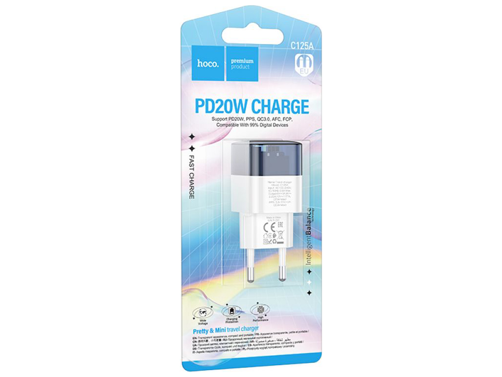 Сетевое зарядное устройство Hoco C125A Transparent PD20W/QC Цвет Прозрачный синий