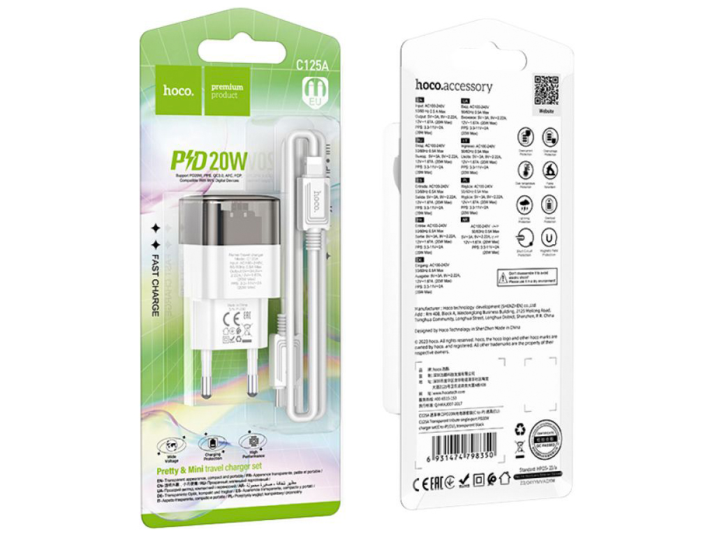 Сетевое Зарядное Устройство Hoco C125A Transparent PD20W/QC Type-C to Lightning Цвет Прозрачный черн