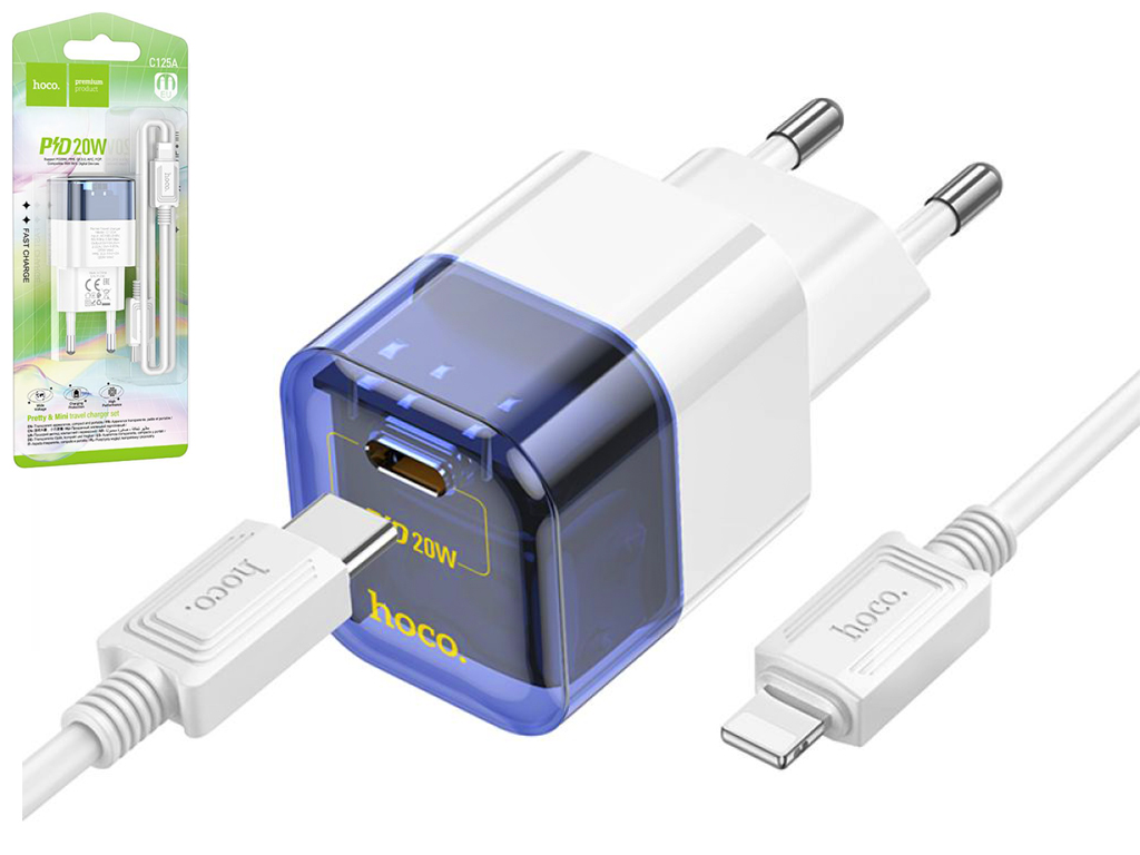 Сетевое Зарядное Устройство Hoco C125A Transparent PD20W/QC Type-C to Lightning Цвет Прозрачный сини