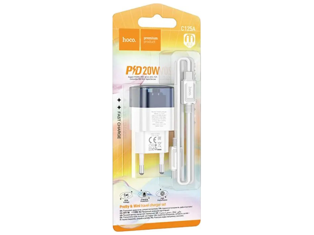 Сетевое зарядное устройство Hoco C125A Transparent PD20W/QC Type-C to Type-C Цвет Прозрачный синий