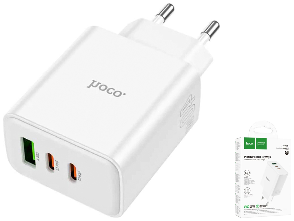 Мережевий зарядний пристрій Hoco C126A Pure PD+QC 40W(2C1A) Колір Білий